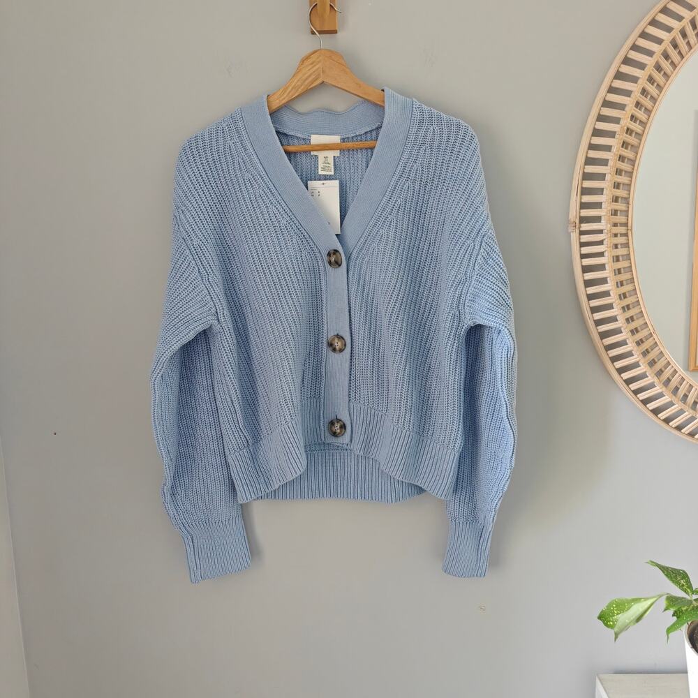 H&M NWT Light Blue Chunky Rib Knit Relaxed Cardigan Sweater S